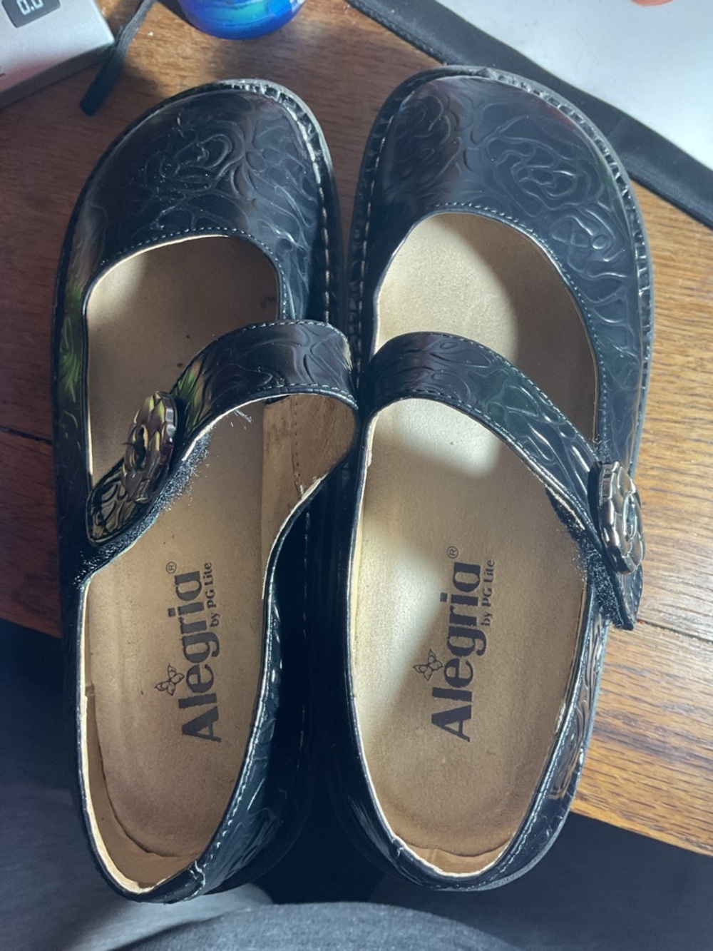 Alegria Black Patent Mary Jane Shoes with Floral Buckle